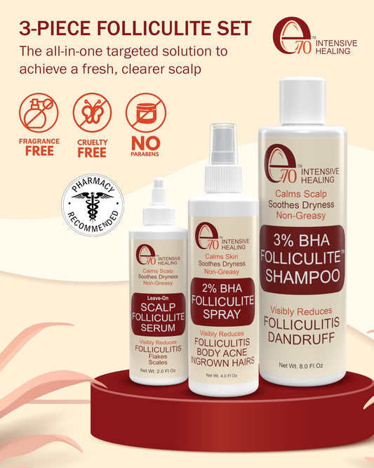 e70 Folliculitis Shampoo label close-up highlighting 3% BHA for balanced scalp