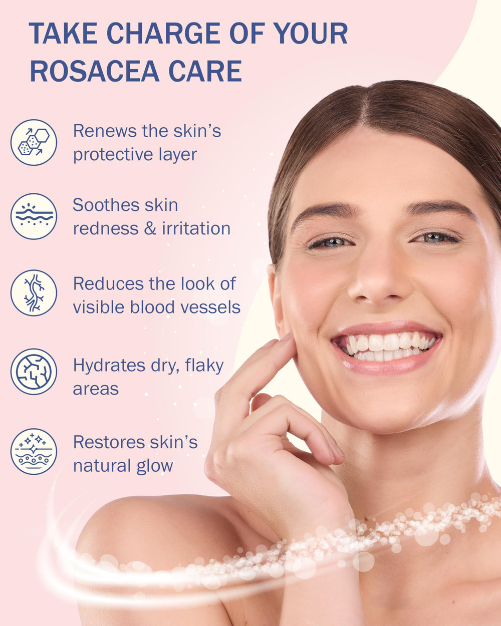 e70 Rosacea Solve Serum being applied to clean skin for calmer complexion.