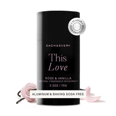 Each & Every rose-vanilla deodorant bottle offers all-day freshness