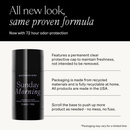 Each & Every lavender-lemon deodorant, calming aroma for daily wear.