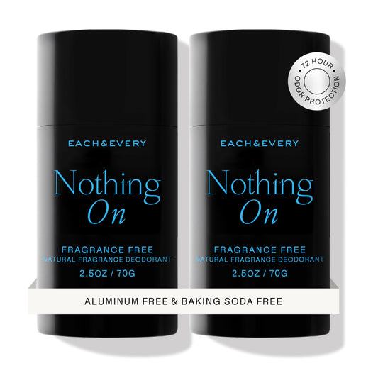 Each & Every unscented deodorant packaging highlights aluminum-free design for sensitive skin