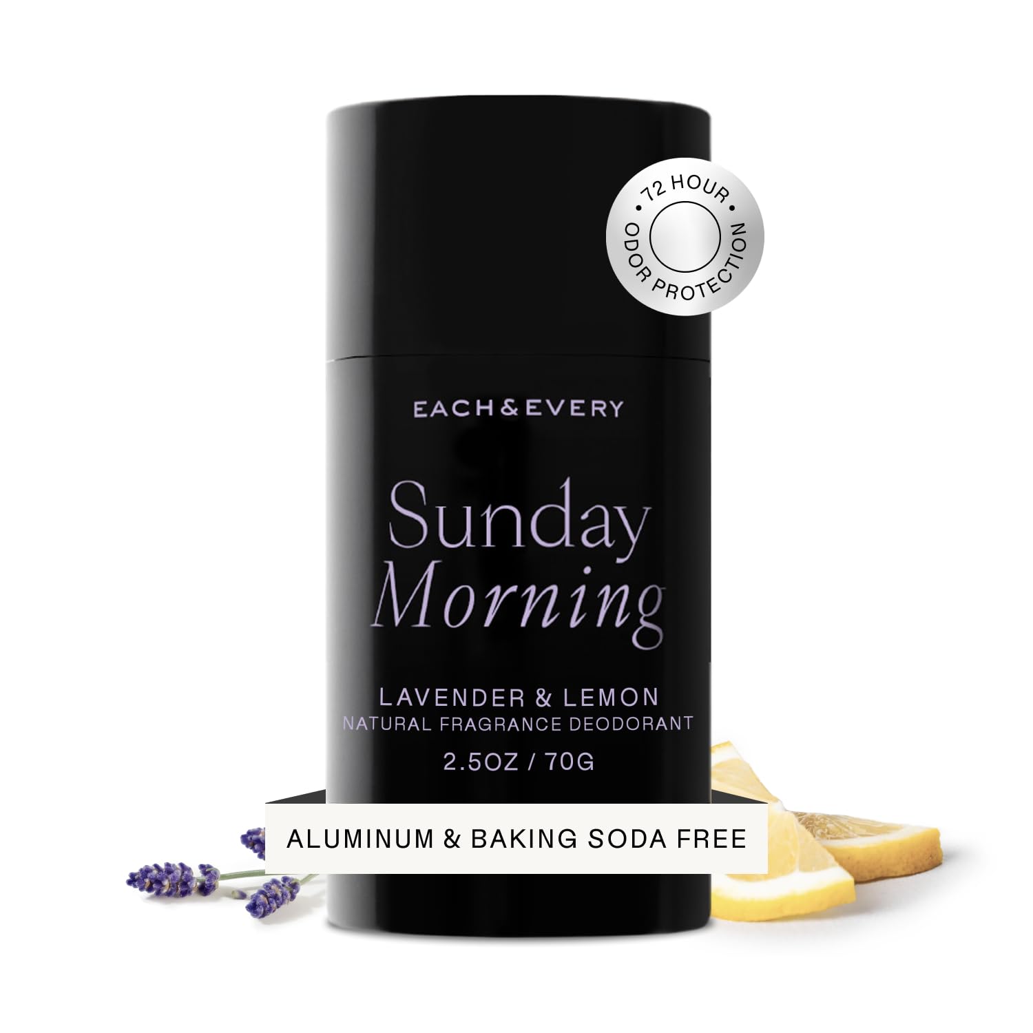 Each & Every aluminum-free deodorant lavender lemon stick close-up for smooth, long-lasting freshness.