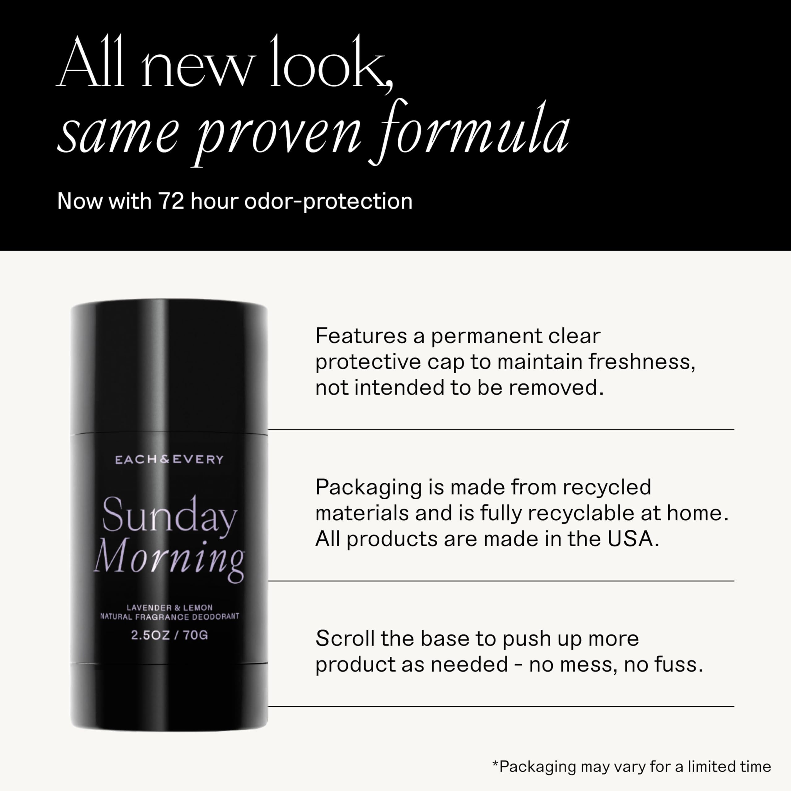 Each & Every lavender lemon deodorant packaging highlights eco-friendly plant-based materials.