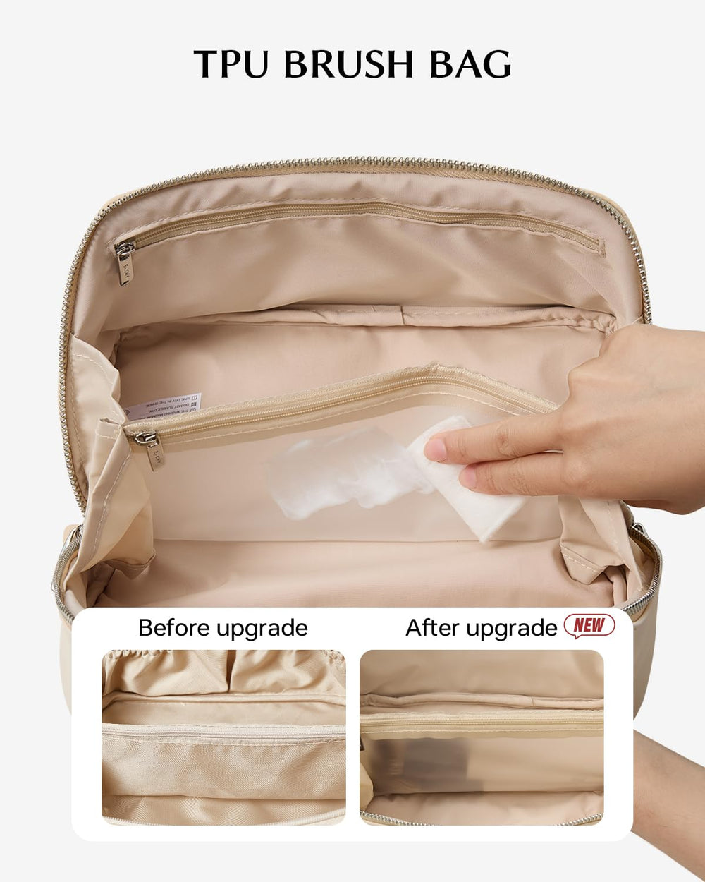 EACHY makeup bag clear TPU pocket for easy brush visibility and hygiene.
