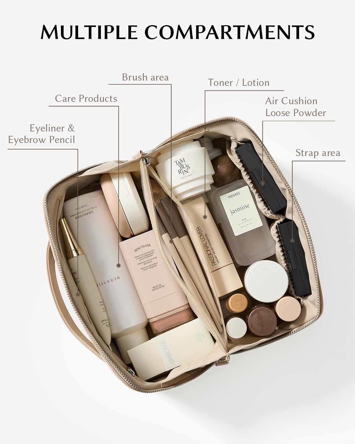 Eachy travel makeup bag opens wide for full visibility and quick access.