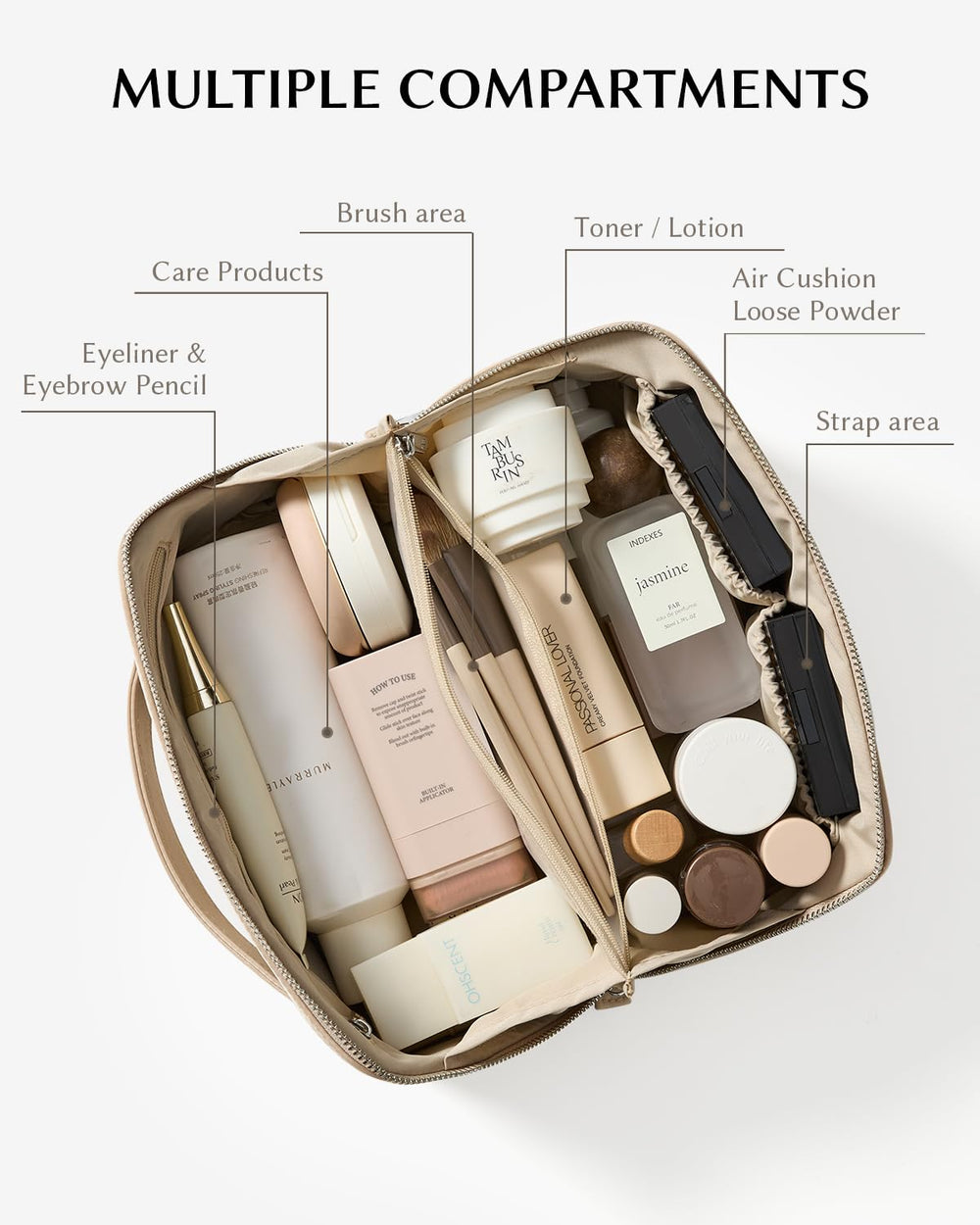 Eachy travel makeup bag opens wide for full visibility and quick access.