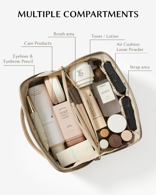 Eachy travel makeup bag opens wide for full visibility and quick access.