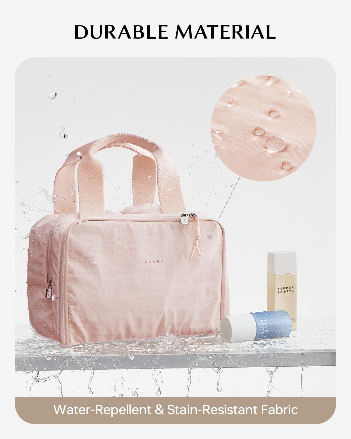 EACHY Waterproof makeup bag pink protects contents from spills and moisture.