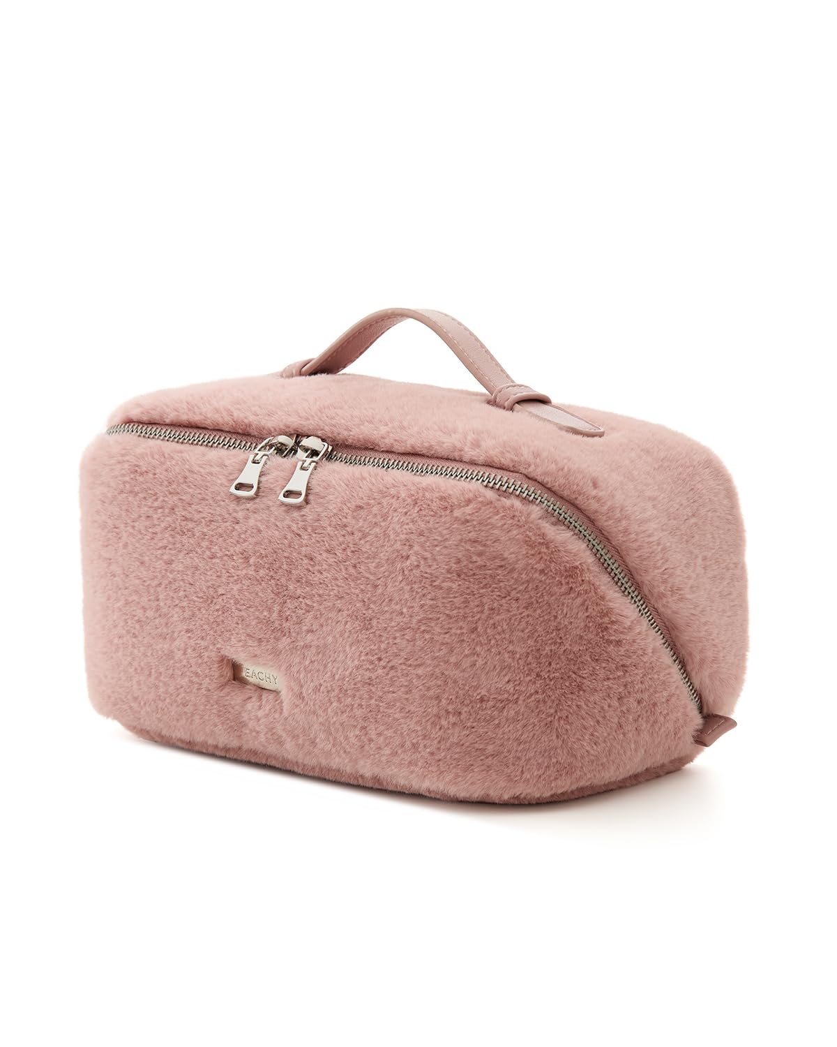 Eachy Travel Makeup Bag with fluffy faux fur exterior for chic organization.