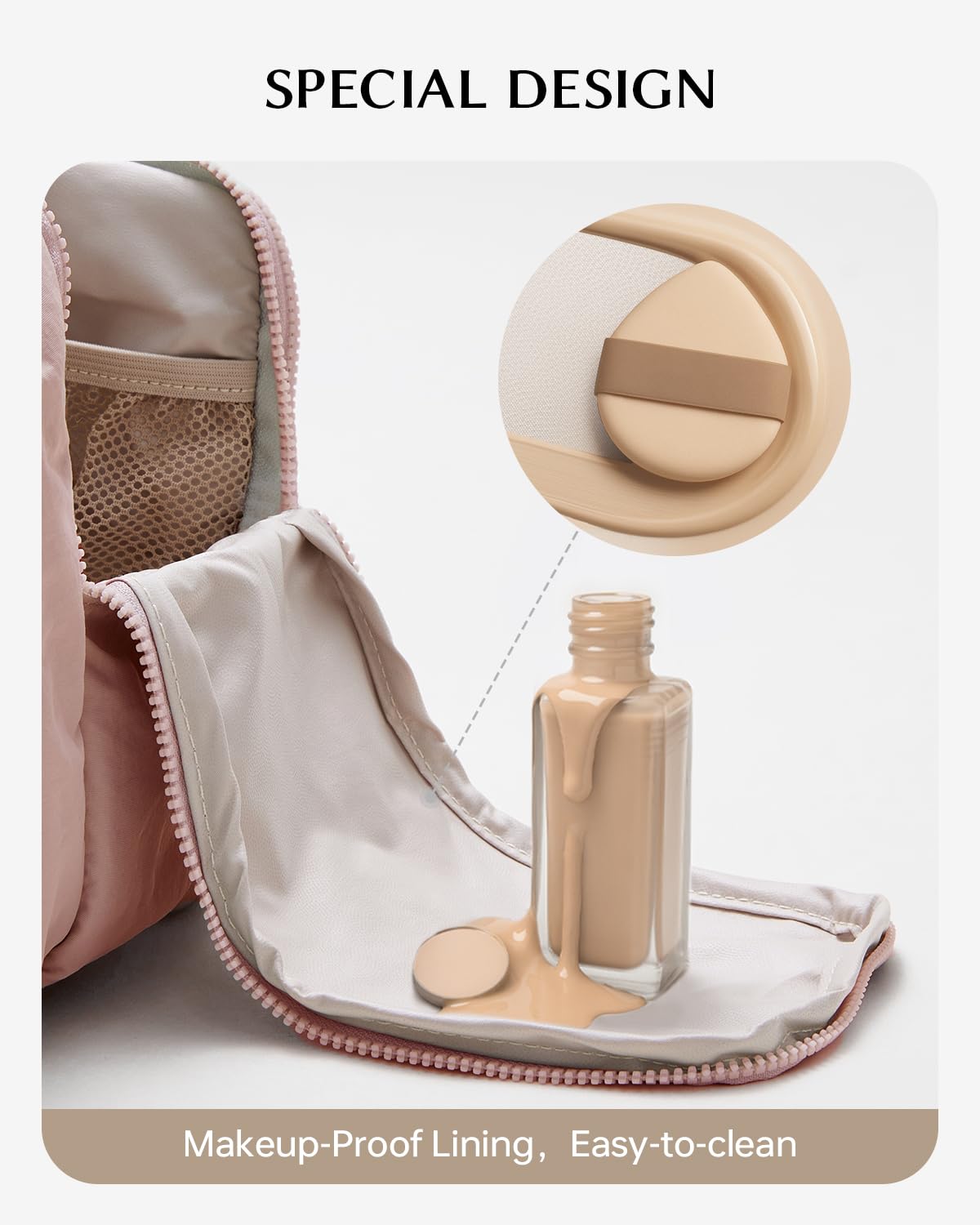 EACHY Travel makeup bag with handle pink for portable on-the-go use.