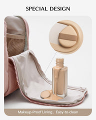 EACHY Travel makeup bag with handle pink for portable on-the-go use.