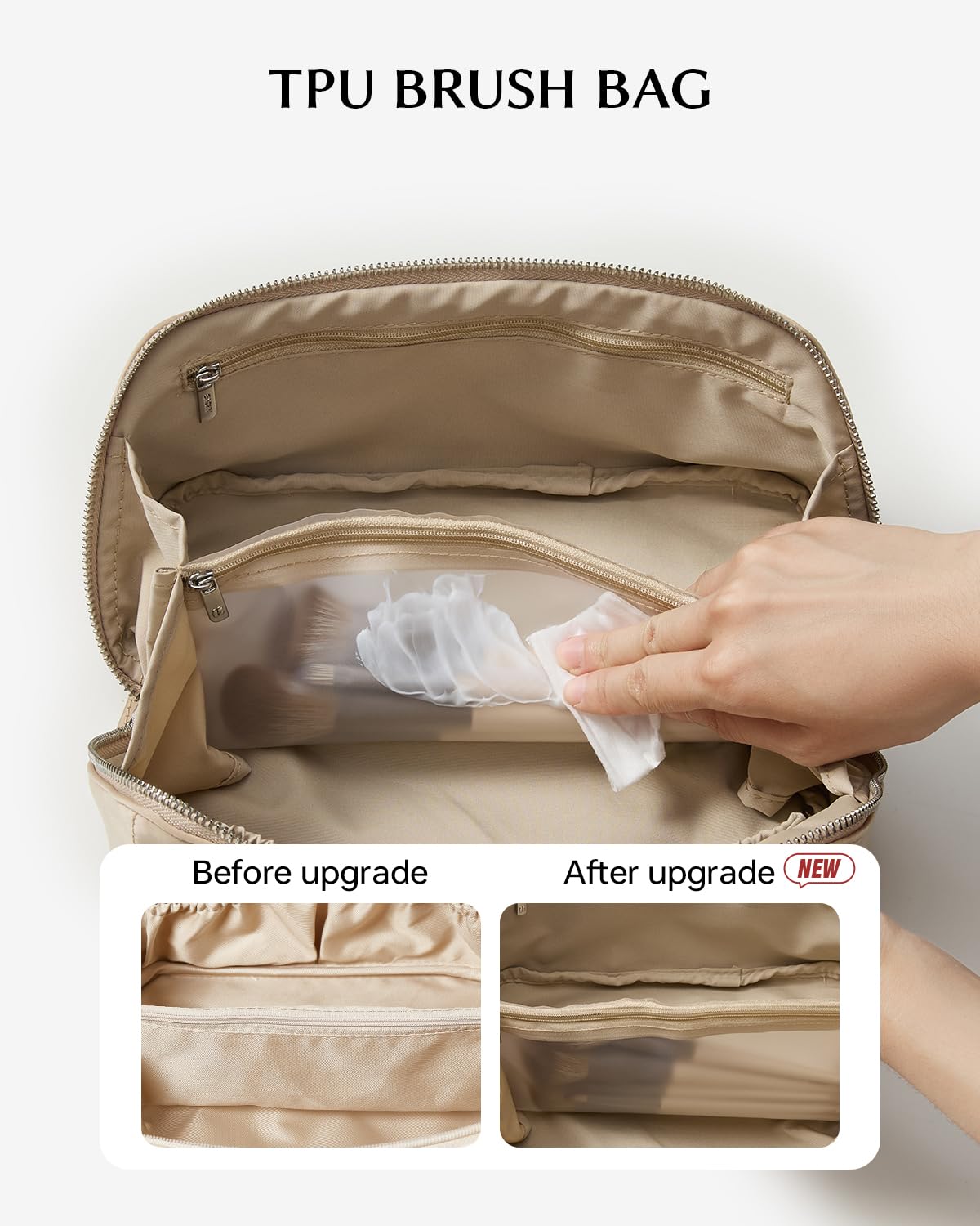 Eachy satin makeup bag features 3 inner pockets to organize cosmetics neatly.