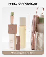 EACHY Large capacity makeup bag pink keeps brushes and bottles organized.