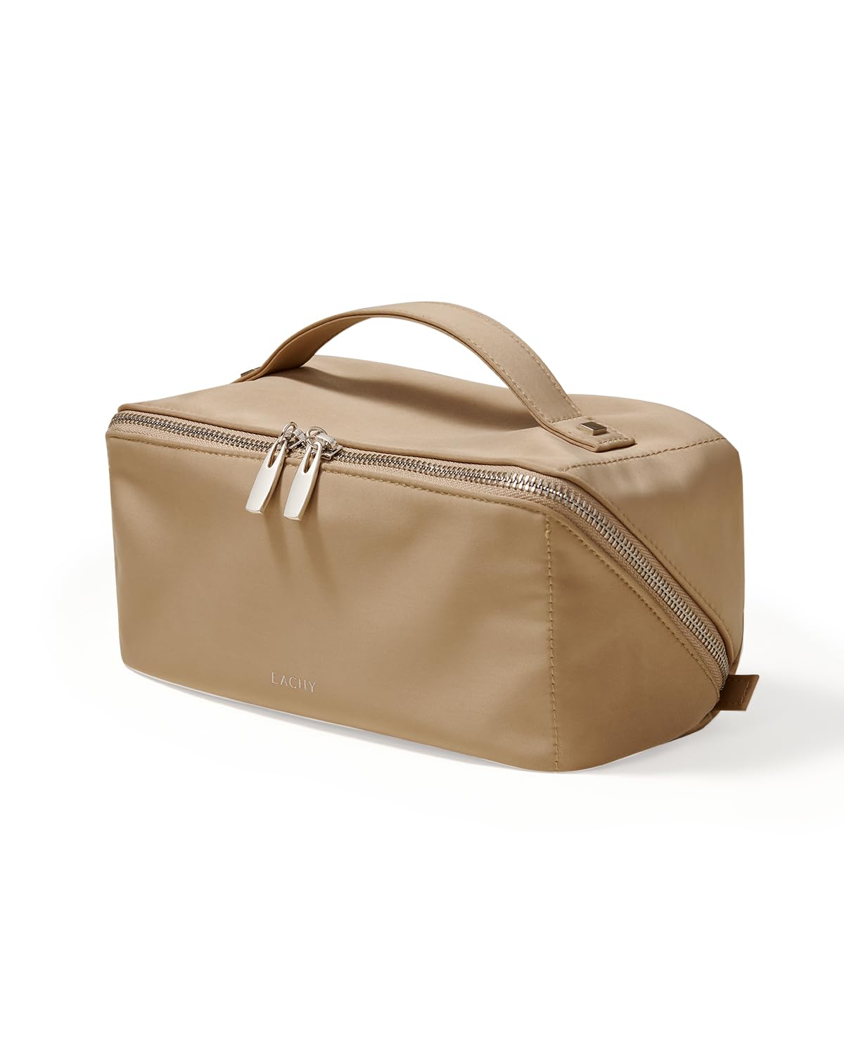 Eachy travel makeup bag satin handle offers easy carry for on-the-go styling.