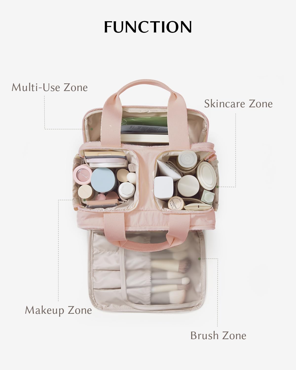 EACHY Travel makeup bag waterproof fabric pink protects items during travel.