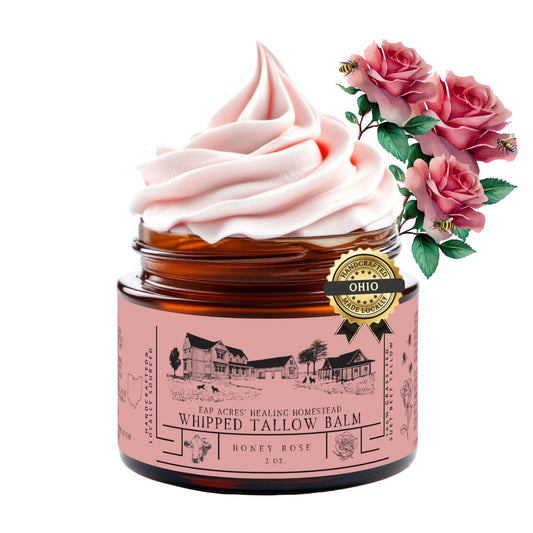 EAP ACRES rose-infused balm jar showing creamy texture for sensitive skin hydration.