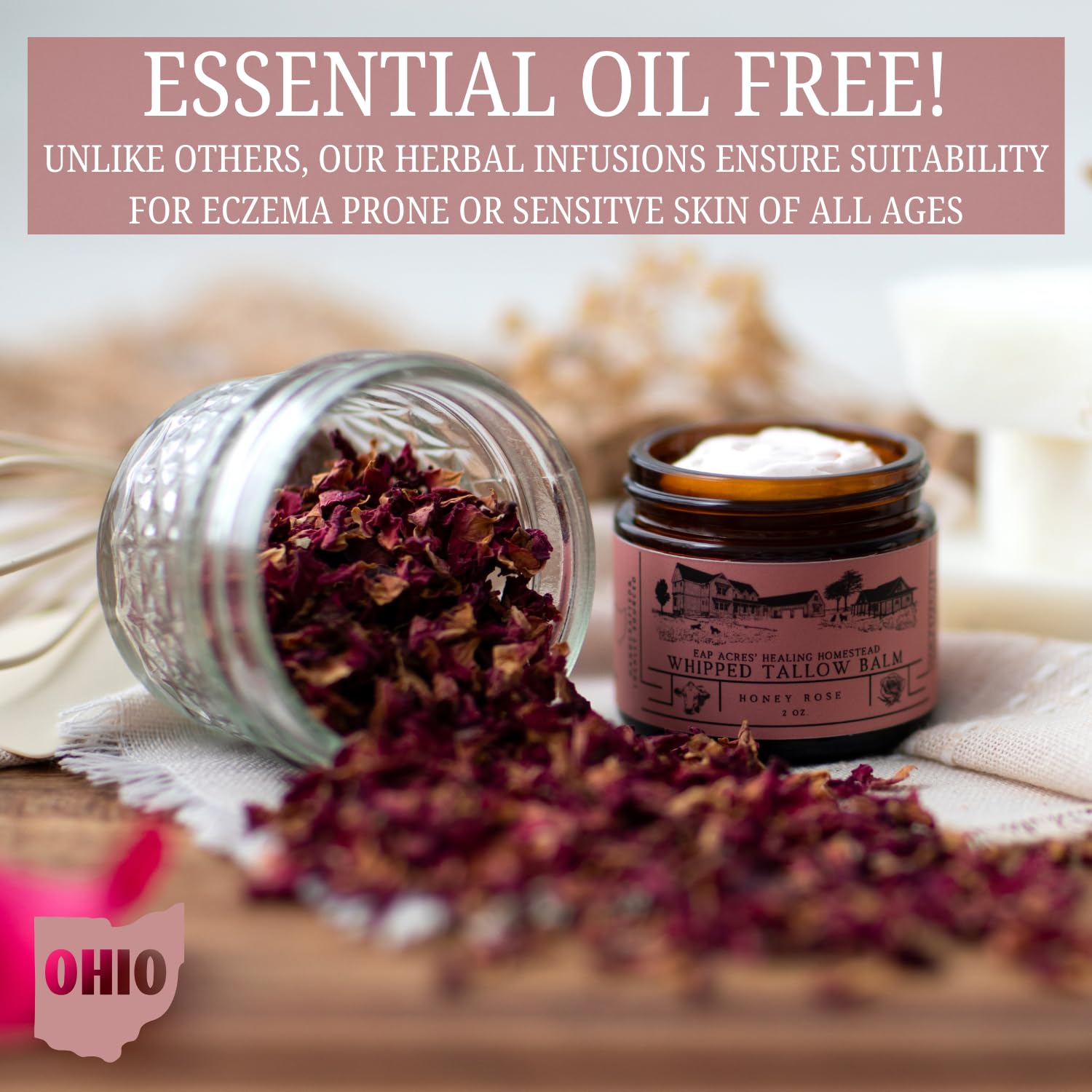 EAP ACRES rosehip oil-rich balm showcases softening and balance for skin.