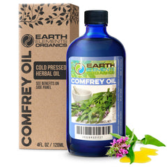Earth Elements Organics Comfrey Oil bottle with label, showcasing the product.