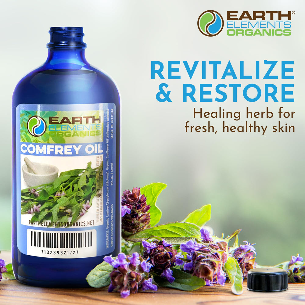 Reusable glass bottle from Earth Elements Organics Comfrey Oil in a family setting.