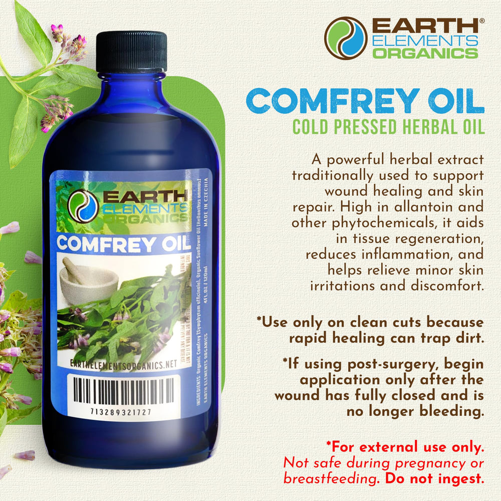 Close-up of comfrey and sunflower oil ingredients in Earth Elements Organics.