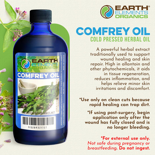 Close-up of comfrey and sunflower oil ingredients in Earth Elements Organics.