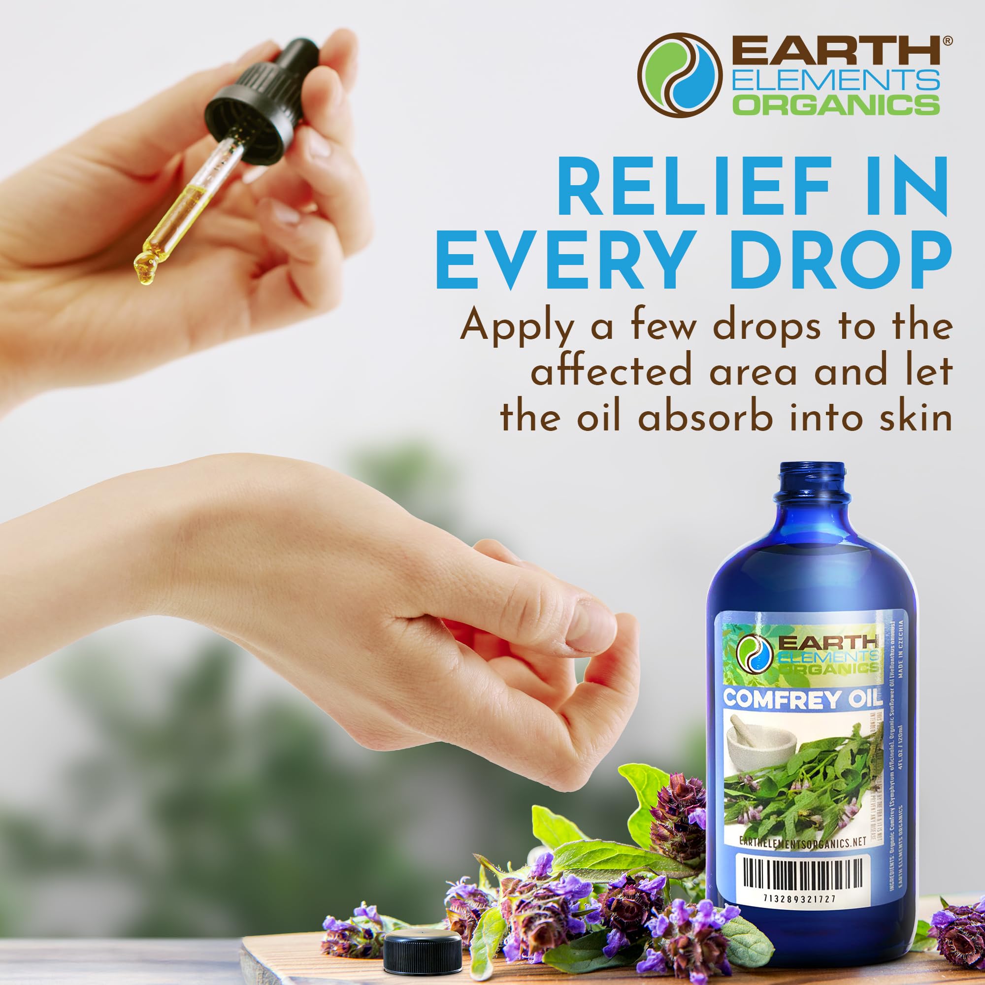 Application guide for Earth Elements Organics Comfrey Oil and gentle massage.