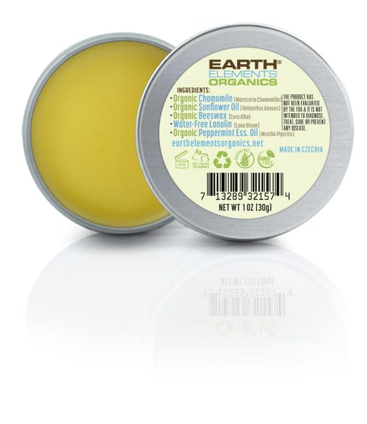 Earth Elements Organics Peppermint Chamomile Balm application scene showing topical soothing.