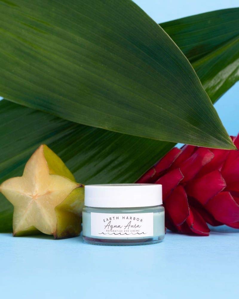 Earth Harbor AQUA AURA eye creme on a bathroom counter display