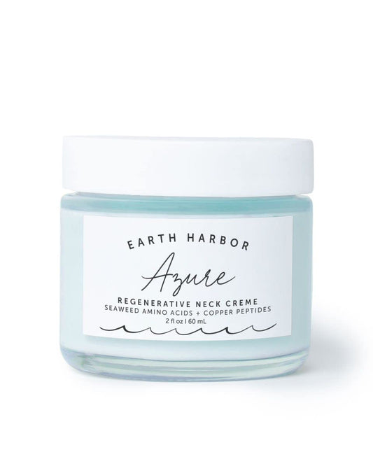 Earth Harbor Azure Neck Creme bottle close-up for hydrating neck skin.