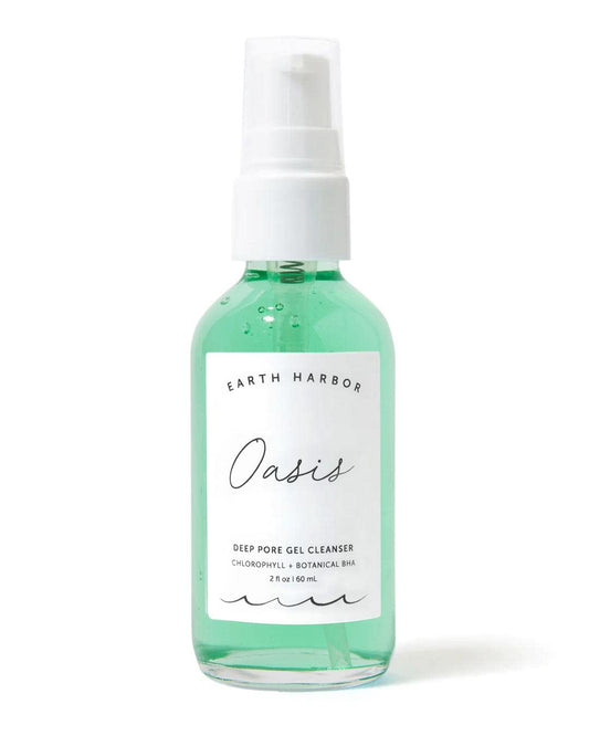 Earth Harbor Oasis Deep Pore Gel Cleanser bottle visual highlights purifying botanicals for daily pore cleansing.