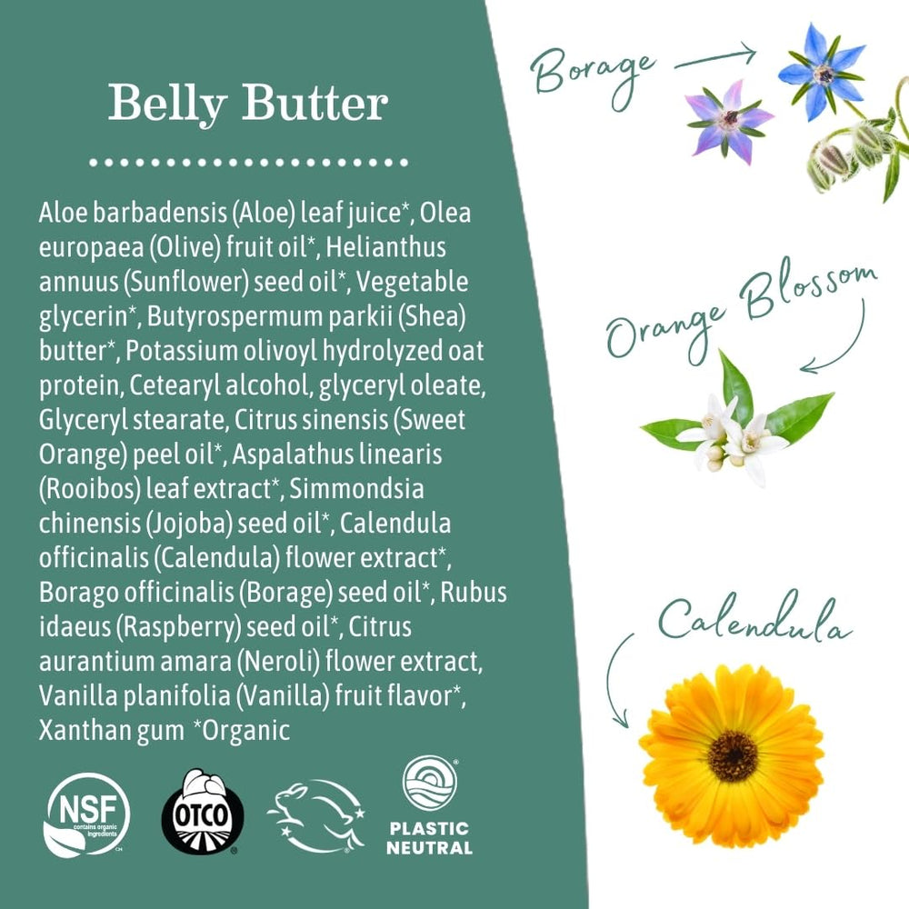 Packaging with NSF/ANSI 305 and Leaping Bunny seals on Earth Mama Belly Butter.