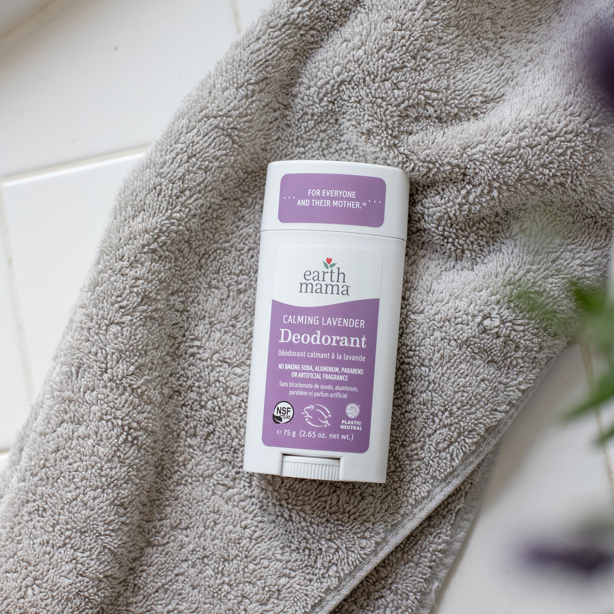 Earth Mama Calming Lavender Deodorant aluminum-free claim on packaging for safer wear.