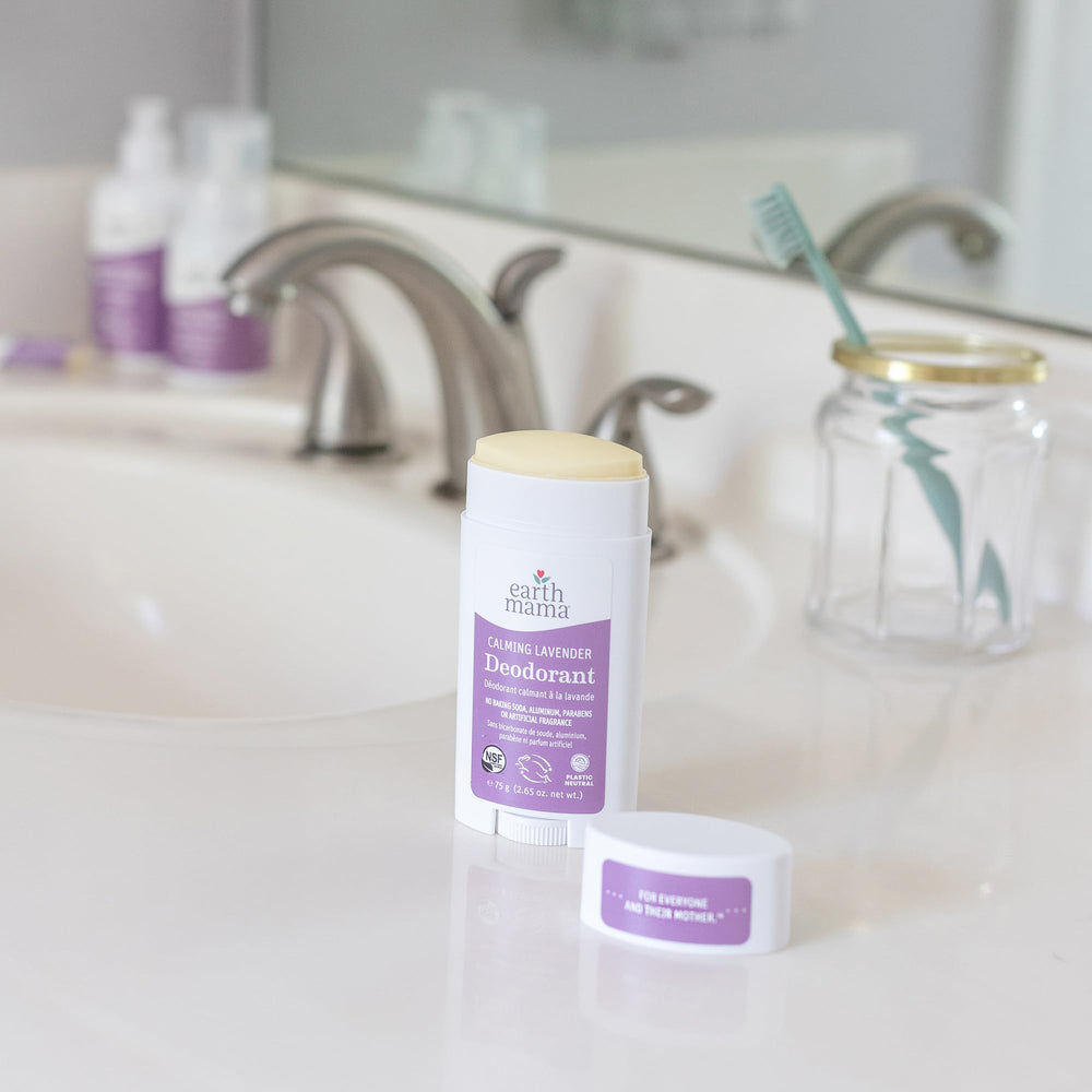 Earth Mama Calming Lavender Deodorant fragrance-free option label shown for sensitive skin.