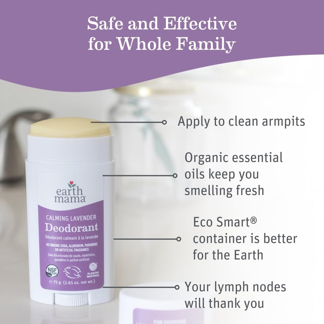 Earth Mama Calming Lavender Deodorant ingredients close-up showing calendula and coconut oil for gentle care.