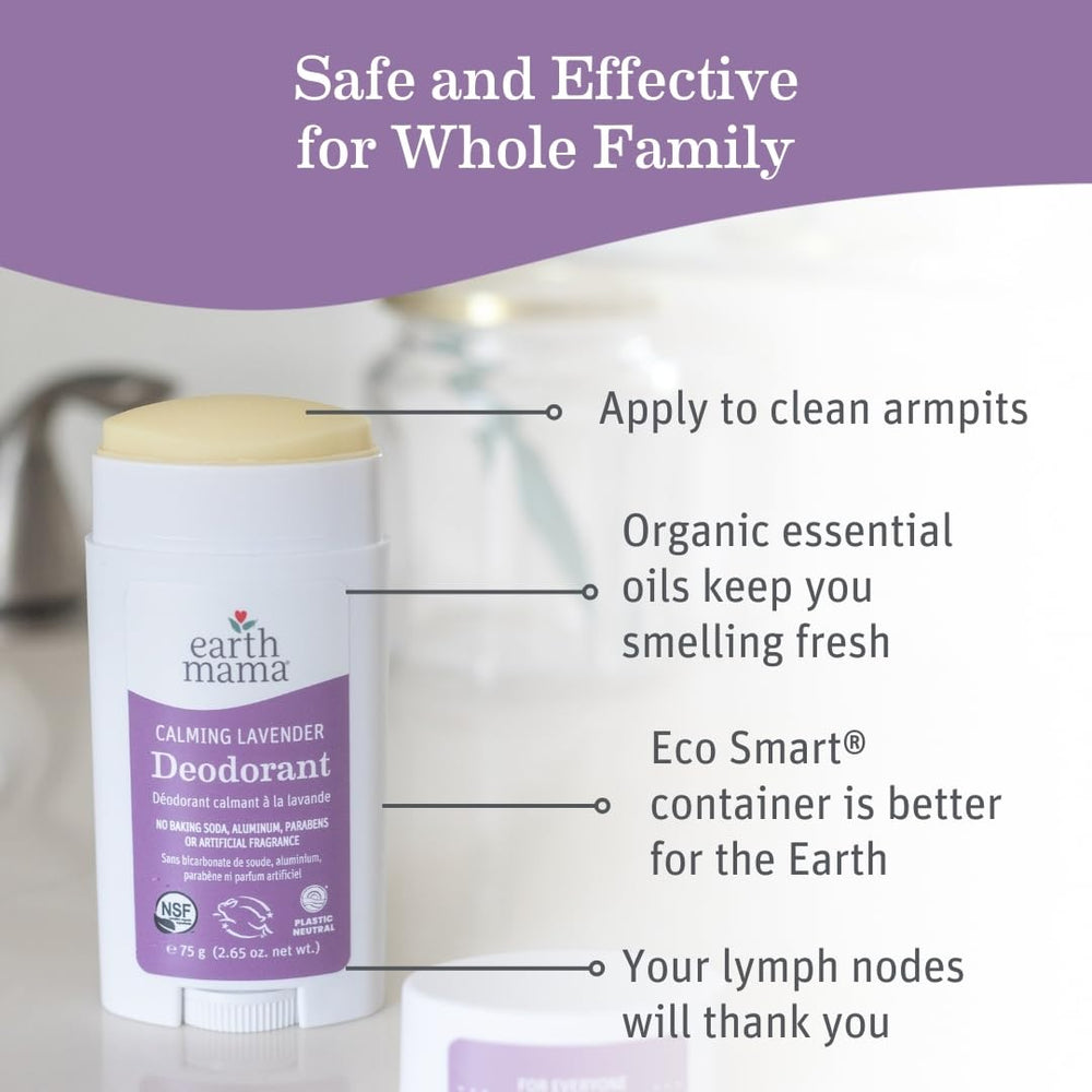 Earth Mama Calming Lavender Deodorant ingredients close-up showing calendula and coconut oil for gentle care.