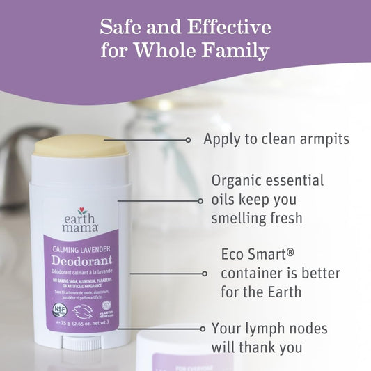 Earth Mama Calming Lavender Deodorant ingredients close-up showing calendula and coconut oil for gentle care.