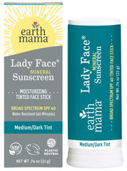 Earth Mama Lady Face tinted sunscreen stick in application view for quick coverage.