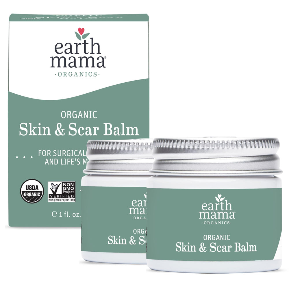 Earth Mama Organic Skin Scar Balm bottle highlights travel-friendly packaging for postnatal skin care.