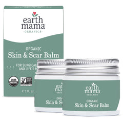 Earth Mama Organic Skin Scar Balm bottle highlights travel-friendly packaging for postnatal skin care.