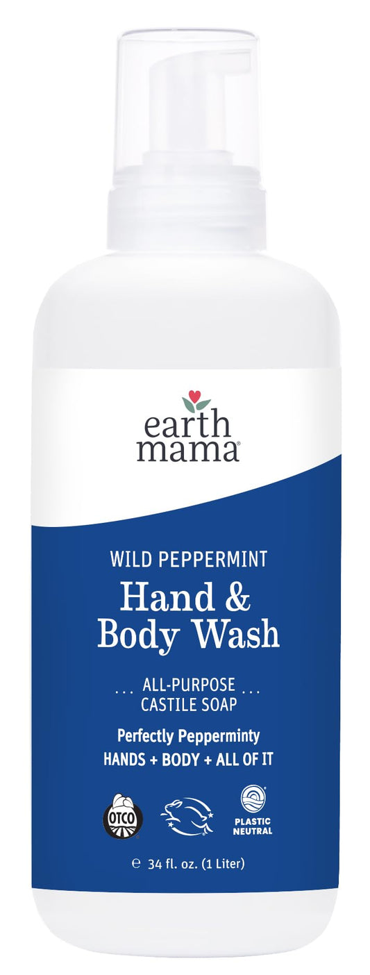Earth Mama Wild Peppermint Hand and Body Wash bottle with foaming pump for family use
