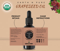 Earth N Pure Grapeseed Oil dropper highlights quick absorption suitable for massage.
