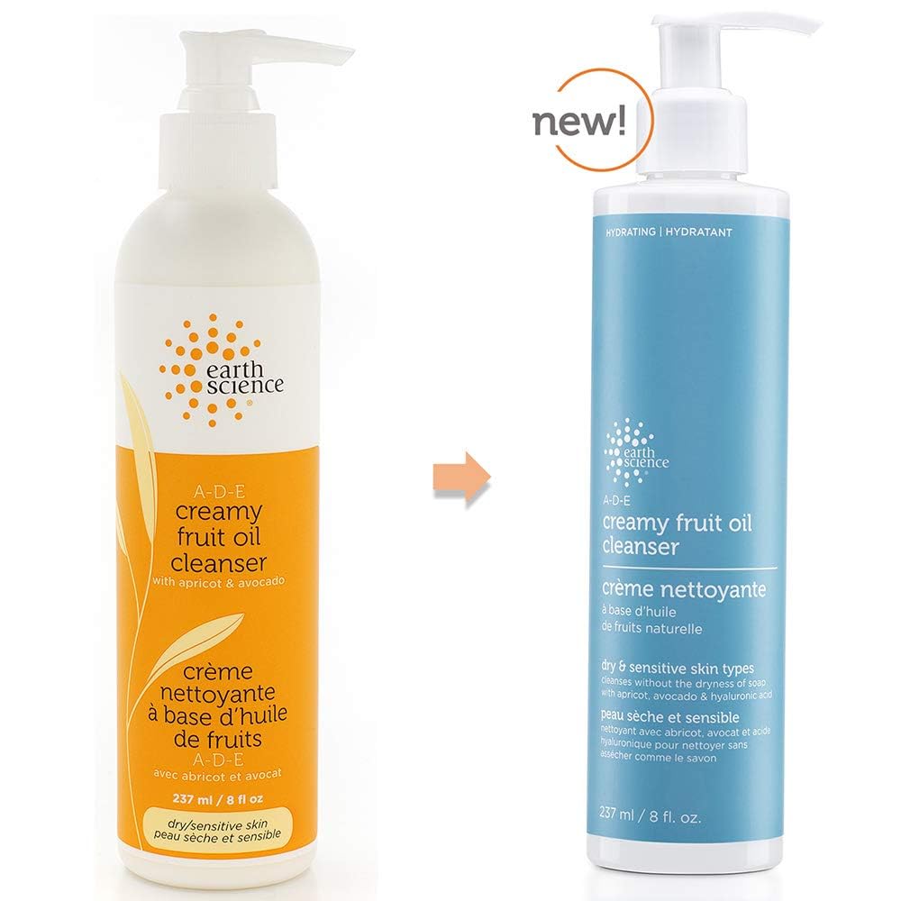 Earth Science A-D-E Cleanser ingredients panel with fruit oils and hyaluronic acid.