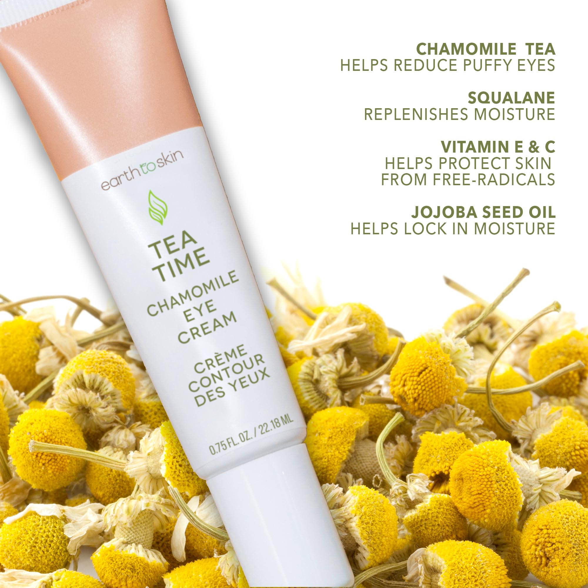 Earth To Skin Tea Time Chamomile Eye Cream application demonstrates gentle dab around under-eye area.