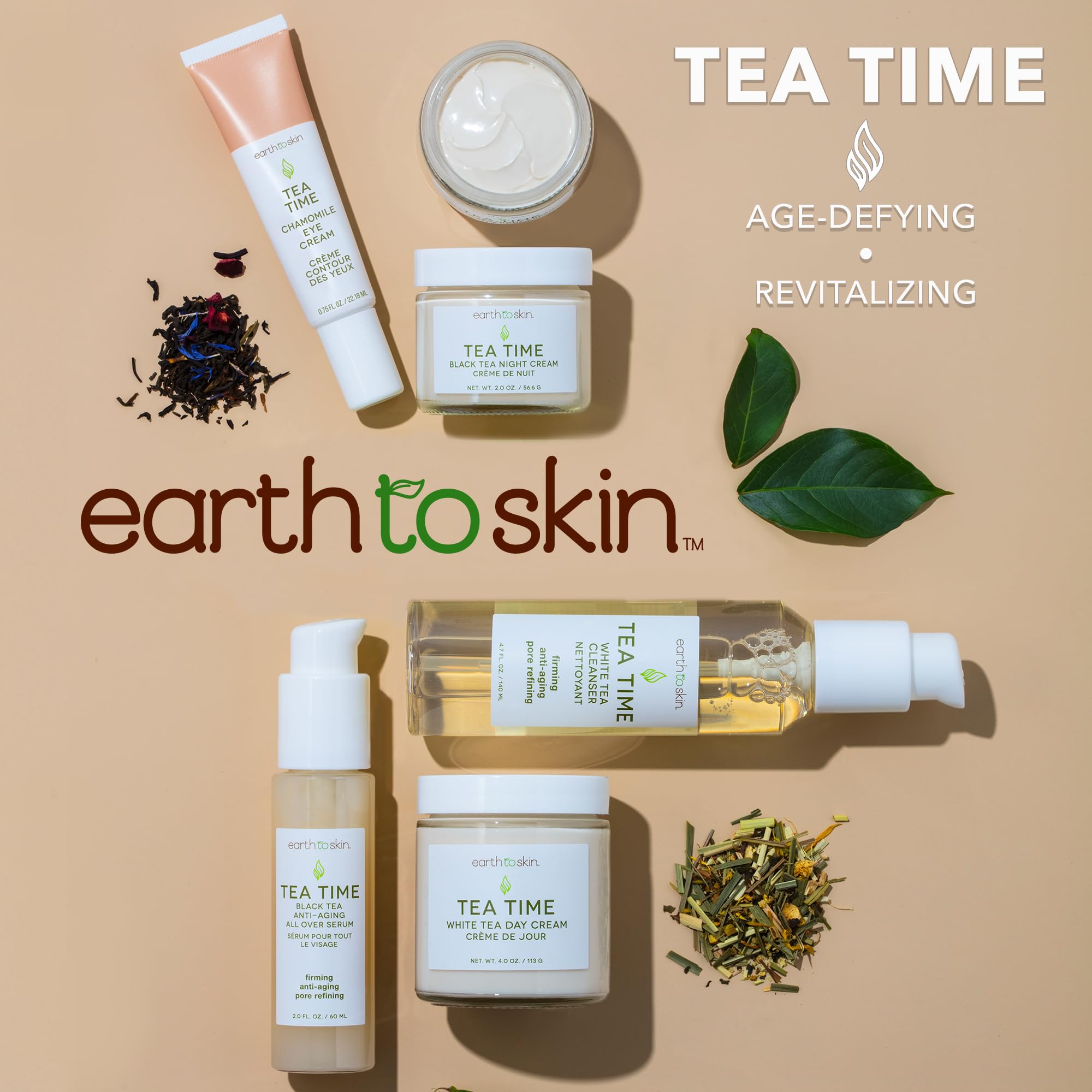 Earth To Skin Tea Time Chamomile Eye Cream packaging close-up highlights clean, nature-inspired branding.