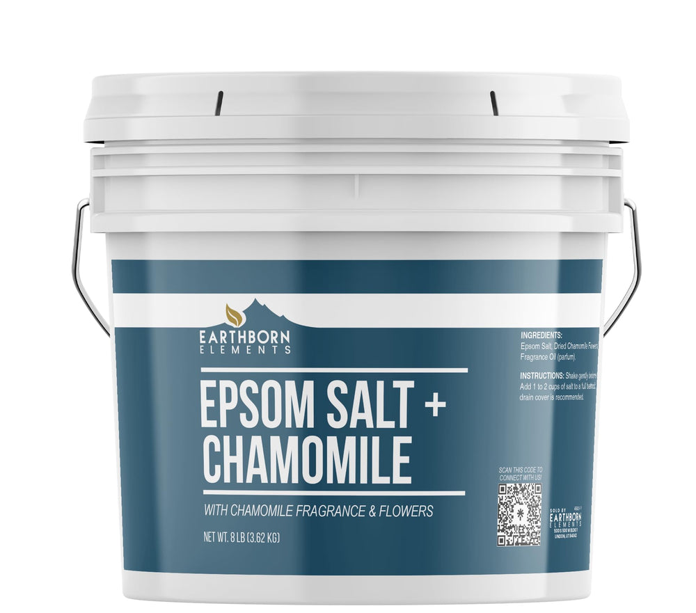 Earthborn Elements chamomile Epsom salt bucket closeup showing calming fragrance
