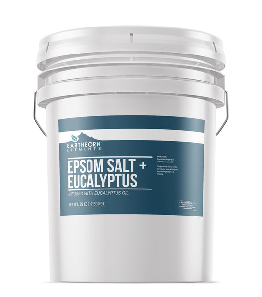 Earthborn Elements eucalyptus epsom salt bucket label ready for soothing home baths
