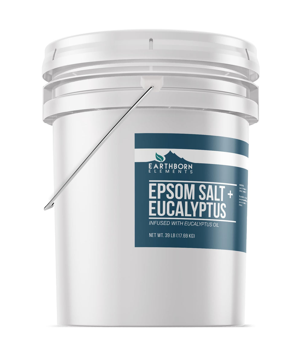 Earthborn Elements front of bucket shows pure undiluted epsom salt ideal for soaking