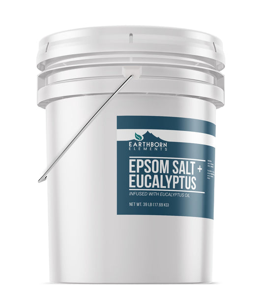 Earthborn Elements front of bucket shows pure undiluted epsom salt ideal for soaking