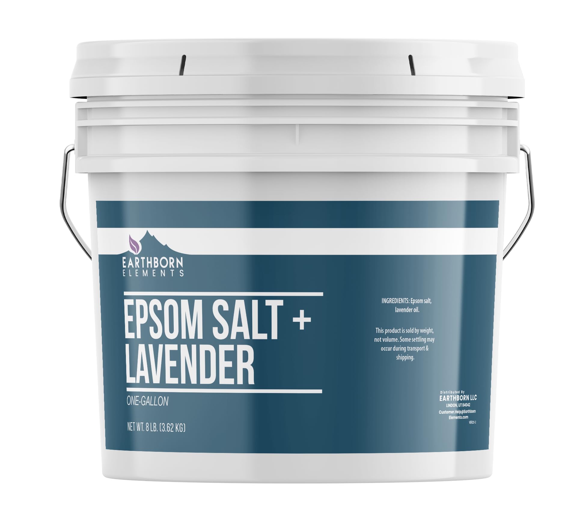 Earthborn Elements Lavender Epsom Salt bottle on a bath shelf for relaxing soaks.