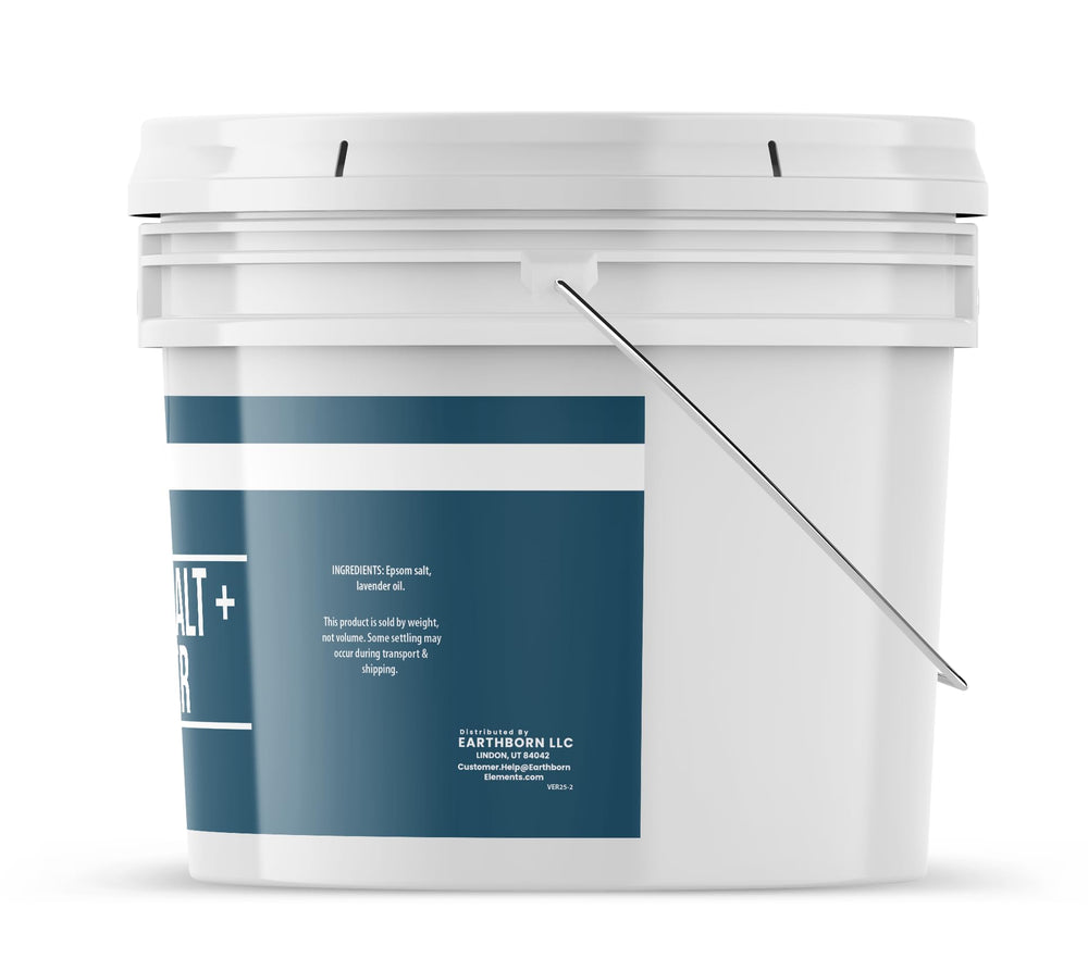 Earthborn Elements Lavender Epsom Salt crystals with scoop ready for a soothing bath.